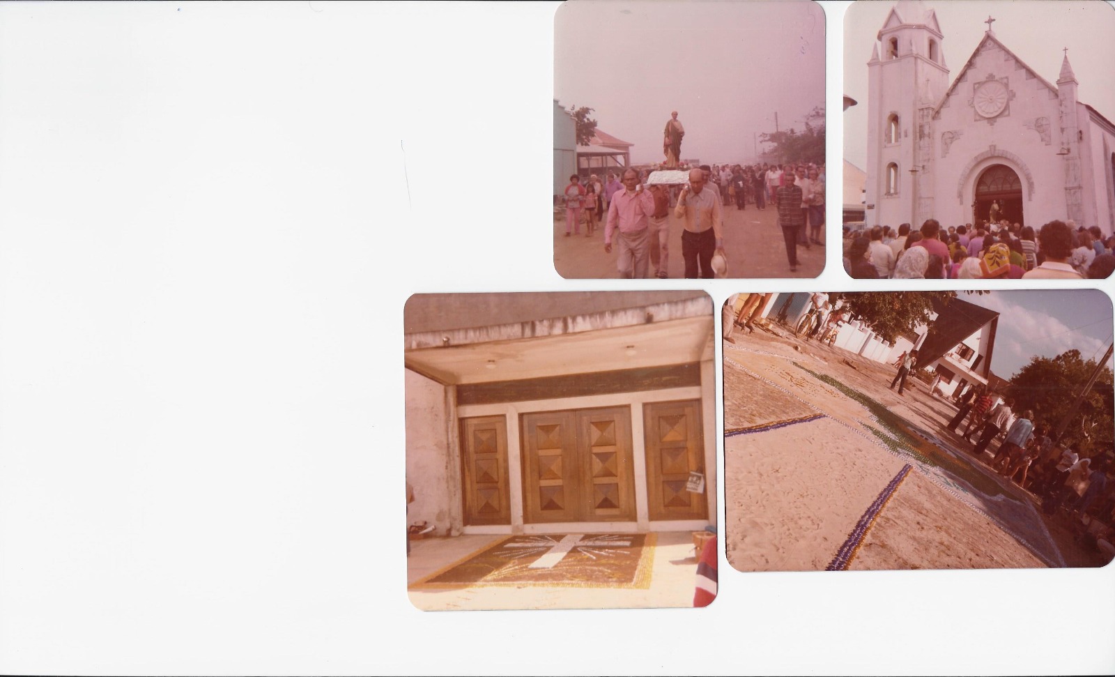 Colagem com fotografias antigas de procissão, fachada da igreja e ornamentação festiva